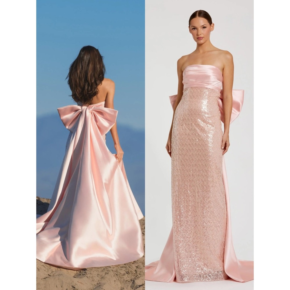 Mac Duggal Blush Pink Strapless Embellished Gown With Back Bow Detail $898 Sz 10 - Picture 1 of 15